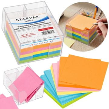 STARPAK Plastična kockica z barvnimi lističi, pisarniški lističi, nelepeni, papirnata kockica za beležke 8,5x8,5x3,5 cm