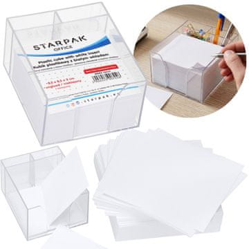STARPAK Plastična kockica z belim vložkom, pisarniški lističi, nelepeni, papirnata kockica za beležke 8,5x8,5x3,5 cm