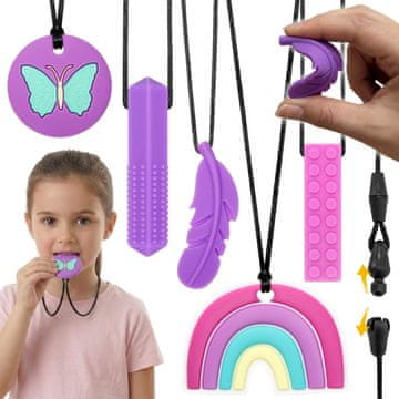 sarcia.eu CLDY PURPLE SENSORY BIT KIT za dojenčke, TERAPETIČNA ogrlica, SILIKONSKO grizalo za metanje - 5 kosov