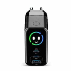 CellularLine PowerView IQ 67W GaN - Set, omrežni polnilnik s TFT zaslonom, tremi vhodi in priloženim kablom, črni (ACHTFTKITC2C67WK)
