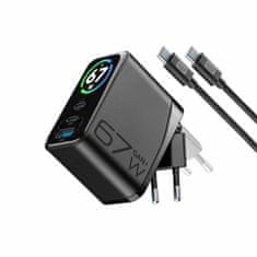 CellularLine PowerView IQ 67W GaN - Set, omrežni polnilnik s TFT zaslonom, tremi vhodi in priloženim kablom, črni (ACHTFTKITC2C67WK)