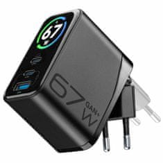 CellularLine PowerView IQ 67W GaN hišni polnilec, TFT zaslon, 3 vhodi, črn (ACHTFT3USBGAN67WK)