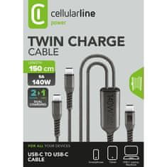 CellularLine TWIN Charge USB polnilni kabel, USB-C v USB-C, 140 W, 1,5 m, črni (USBDATATWINC2C15MK)