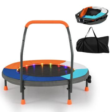 Northix Otroški mini trampolin z LED lučmi, zložljiv, 90 cm, oranžen + temno modra, nosilnost 25 kg