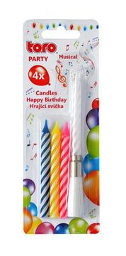 Toro Torta sveča Happy Birthday s podstavcem, 4 svečke