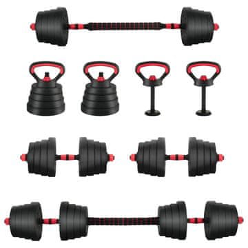 Vidaxl Set 4-v-1 dumbbelske palice, kettlebellov 30 kg Črna in rdeča