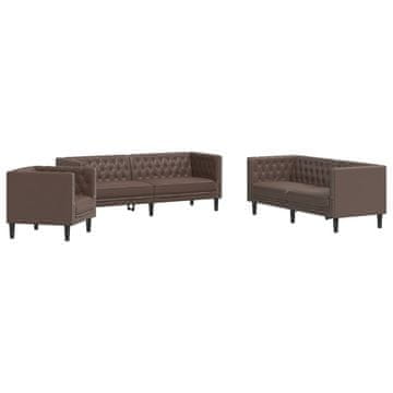 Vidaxl Komplet Chesterfield kavčev 3-delna rjavo umetno usnje