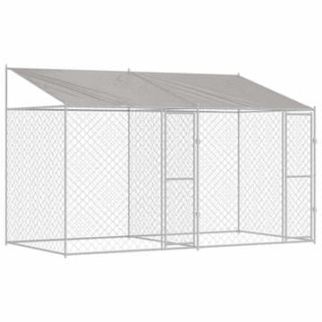 Vidaxl Pasja kletka s streho srebrna 400 x 200 x 256 cm Jeklo in PE