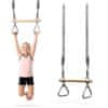 Gimnastični trapez z obroči in lesenim drogom za otroke - nastavljive vrvi 94–160 cm, nosilnost 50 kg, nedrseči ročaji, zunanja igra