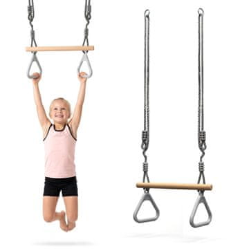 HyperMotion Gimnastični trapez z obroči in lesenim drogom za otroke - nastavljive vrvi 94–160 cm, nosilnost 50 kg, nedrseči ročaji, zunanja igra