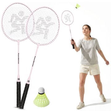 HyperMotion Badmintonski komplet z dvema rožnatima jeklenima loparjema - plastična žogica, rekreativna igra na prostem, za začetnike, starost 10+ let