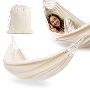 HyperMotion Bež viseča mreža za ležanje v boho slogu 200 x 150 cm - bombaž in poliester, torba za prenašanje, teža 1,35 kg, za vrt in teraso