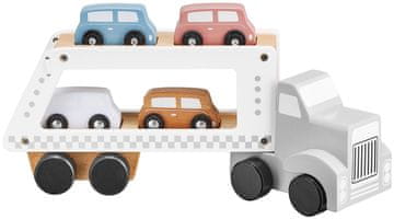 Mamabrum Leseni transporter s štirimi avtomobilčki in rampo - nežne pastelne barve, komplet za otroke od 3 let, mere 33 x 8,5 x 13 cm