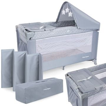 Moby System Potovalna otroška posteljica z dvema nivojema vzmetnice - previjalna mizica, torba za prenašanje, nosilnost do 25 kg, mere 125 x 67 cm