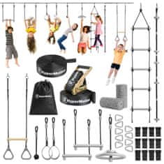 HyperMotion Otroški ninja poligon z devetimi ovirami za otroke - nosilnost traku slackline 3 tone, največja obremenitev dodatkov 113 kg, odpornost na UV