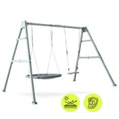 HyperMotion Dvopostajna vrtna gugalnica s štorkljinim gnezdom - jekleni okvir, nosilnost 180 kg, viseča mreža 250 cm, za otroke od 3 let