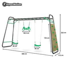 HyperMotion Jeklena vrtna gugalnica z dvema sedežema in trapezom - mere okvirja 368 x 112 x 222 cm, nosilnost 200 kg, plezalna stena, starost nad 3 leti