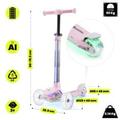 HyperMotion Rožnati trikolesni skiro z RGB LED osvetlitvijo za otroke - nastavljivo krmilo s 4 ravnmi, zadnja zavora, starost od 3 do 8 let