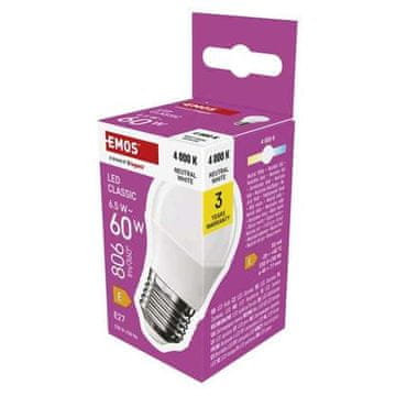 Emos LED žarnica ZQ6E43 Classic Mini Globe / E27 / 6.5 W (60 W) / 806 lm / neutral white
