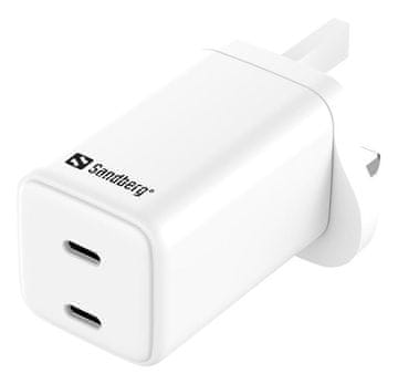 Sandberg Polnilnik AC 2x USB-C, UK vtič, PD65W