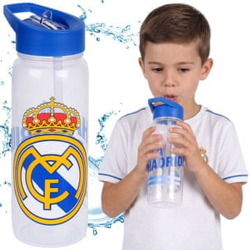 FC Real Madrid Real Madrid Plastična steklenica za vodo z ustnikom in ročajem za navijače, prosojna steklenica s slamico 600 ml