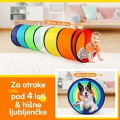 JOJOY® 3x otroški tunel za plazenje 180 cm, zložljiv mavrični igralni tunel z mrežo, notranja in zunanja igra | T3UNSY