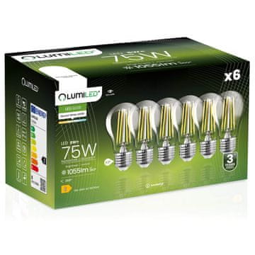 shumee 6x LED žarnica E27 A60 8W = 75W 1055lm 4000K Nevtralna 360° ŽARNICA Z ŽARILNO NITI LUMILED