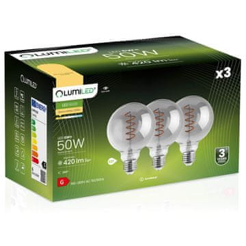 LUMILED 3x LED žarnica E27 krogla G95 6W = 50W 420lm 2200K topla 360° dimljena svetleča nitka