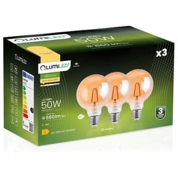 LUMILED 3x LED žarnica E27 krogla G95 6W = 50W 660lm 2000K topla 360° jantarjeva svetlobna nitka