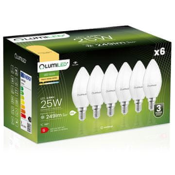 LUMILED 6x LED žarnica E14 svečka B35 2,5 W = 25 W 249 lm 3000 K topla svetloba 180°