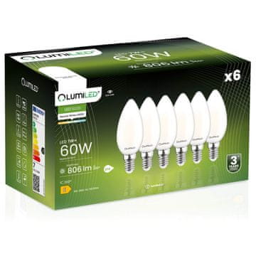 LUMILED 6x LED žarnica E14 svečka B35 7W = 60W 806lm 4000K nevtralna 360° osvetljena z žarilno nitko