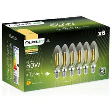 LUMILED 6x LED žarnica E14 svečka B35 7W = 60W 806lm 3000K topla 360° žarnica z žarilno nitko