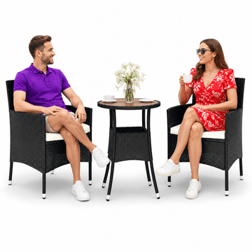 Vidaxl Vrtna bistro garnitura 3-delna z blazinami črn poli ratan