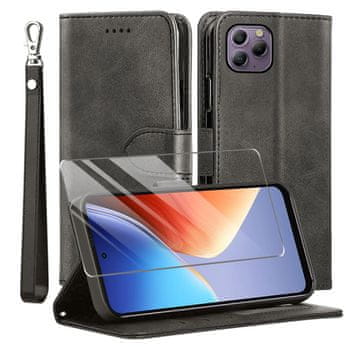 Infostyle Usnjena preklopna torbica "Classic Black" + zaščitno steklo za Blackview A96