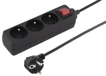 PremiumCord Podaljševalni kabel 230V 2m 3 vtičnice + stikalo, črn