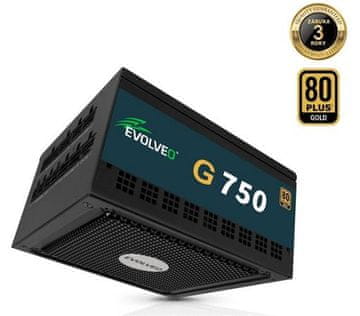 EVOLVEO G750 napajalnik 750 W, 80+ GOLD, ATX 3.1, PCIe 5.1, aPFC, 140 mm ventilator, modularen, 3-letna garancija, črn