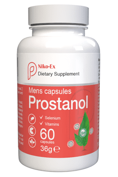 Niko-Ex Prostanol - 60 kapsul visoko dozirano - L-arginin, cink, selen, maca in ginseng - Originalni recept iz Švice - Vegansko in rastlinsko - 1 kos