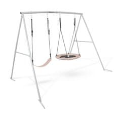 HyperMotion Dvojna vrtna gugalnica s štorkljinim gnezdom in sedežem - nosilnost 100 kg na sedež, jeklen okvir 50 mm, nastavljive vrvi 10 mm, sidra 30 cm