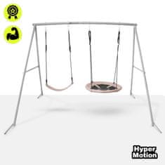 HyperMotion Dvojna vrtna gugalnica s štorkljinim gnezdom in sedežem - nosilnost 100 kg na sedež, jeklen okvir 50 mm, nastavljive vrvi 10 mm, sidra 30 cm