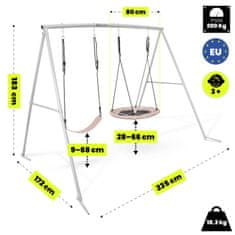 HyperMotion Dvojna vrtna gugalnica s štorkljinim gnezdom in sedežem - nosilnost 100 kg na sedež, jeklen okvir 50 mm, nastavljive vrvi 10 mm, sidra 30 cm