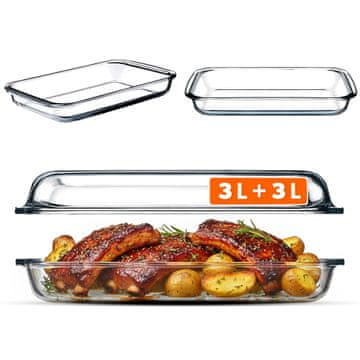 KADAX Klasik pravokotna steklena posoda za pečico s pokrovom 2x3L, 39x23 cm