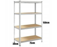 Blow Rack kovinski regal, 4 police, modularna oblika, MDF plošče, galvanizirano jeklo, srebrn, 150x75x30cm