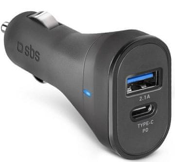SBS Avtomobilski polnilnik SBS USB Type-C 3A + USB-A 2.1A črne barve