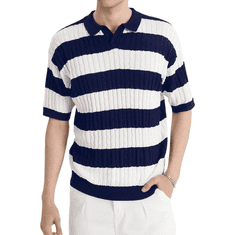 Nikcorp Moška polo majica HYPESTFIT kratki rokav vintage retro črtast vzorec rebrasta pletenina navy modra bele črte 100% poliester XL