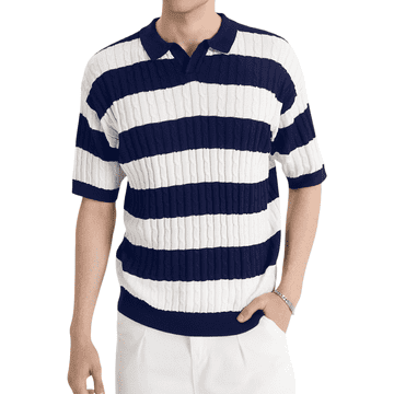 Nikcorp Moška polo majica HYPESTFIT kratki rokav vintage retro črtast vzorec rebrasta pletenina navy modra bele črte 100% poliester XL