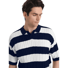 Nikcorp Moška polo majica HYPESTFIT kratki rokav vintage retro črtast vzorec rebrasta pletenina navy modra bele črte 100% poliester XL