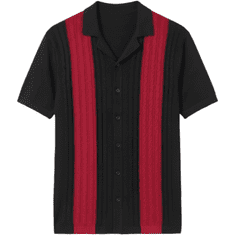 Nikcorp Moška polo majica polovični sweter stilski Smart Casual Slim Fit teksturiran pleten 100% poliester črna z rdečimi poudarki gumbi Ovratnik kratki rokav velikost S odporna na gubanje zračna
