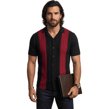 Nikcorp moška polo majica polovični pulover Slim Fit črna rdeči poudarki pletenina 100% poliester brez gubanja elastična zračna zapenjanje z gumbi ovratnik kratki rokav rebrast zaključek M