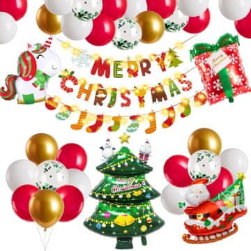 Nikcorp SUNBEAUTY komplet božičnih dekoracij božična girlanda z baloni Miki Dedek Mraz in božična drevesa, folijski baloni lateks baloni ter transparent Merry Christmas, rdeča zlata večbarvna