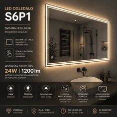 S6 Steklarstvo Šest LED ogledalo S6P1, 120x80cm / 80x120cm , dvojna LED linija, 3barve LED, dimmer, antifog